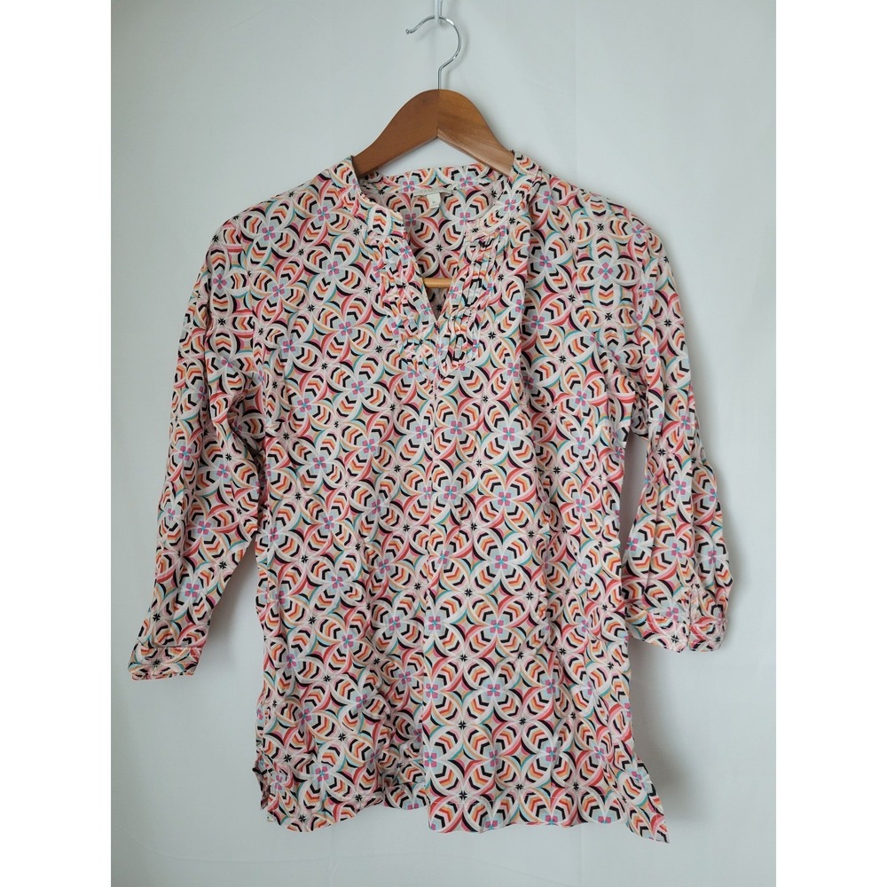Talbots Petites MP Multi-Color Geometric Pattern Pleated V-Neck 3/4 Sleeve